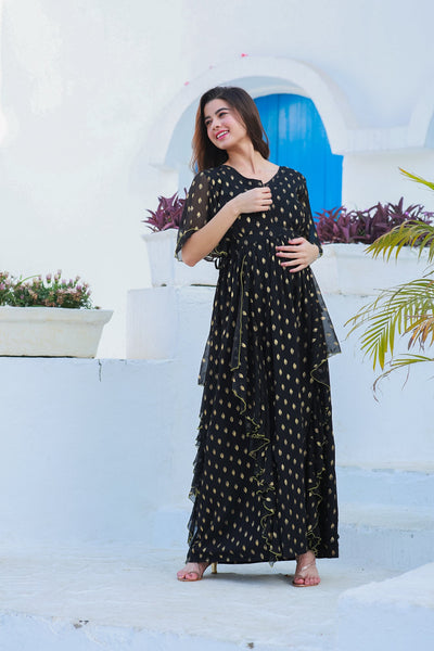 Luxe Midnight Gold Embellished Maternity & Nursing Flow Dress momzjoy.com