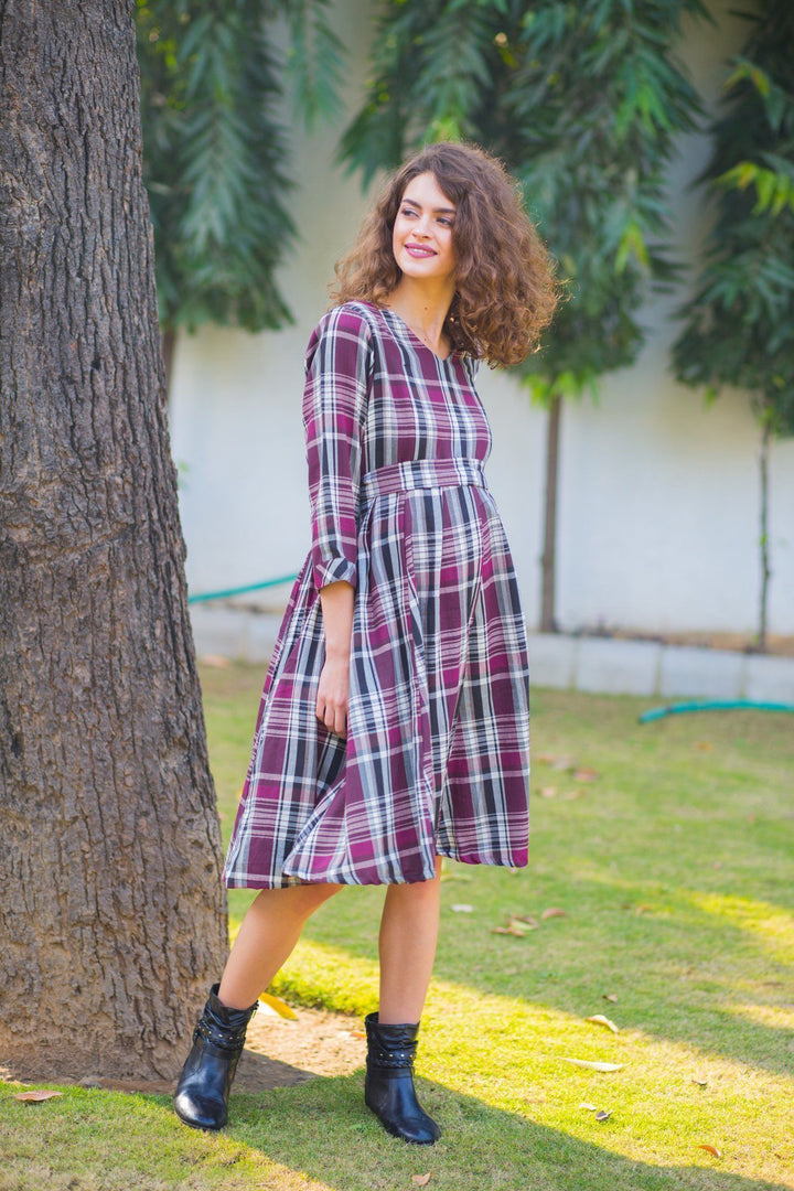 Mulberry Plaid Maternity & Nursing Knee Dress MOMZJOY.COM