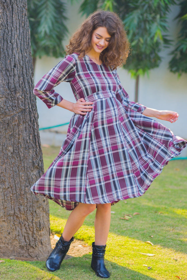 Mulberry Plaid Maternity & Nursing Knee Dress MOMZJOY.COM