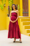 Elegant Rosewood Off Shoulder Maternity Frill Dress (100% Cotton) momzjoy.com