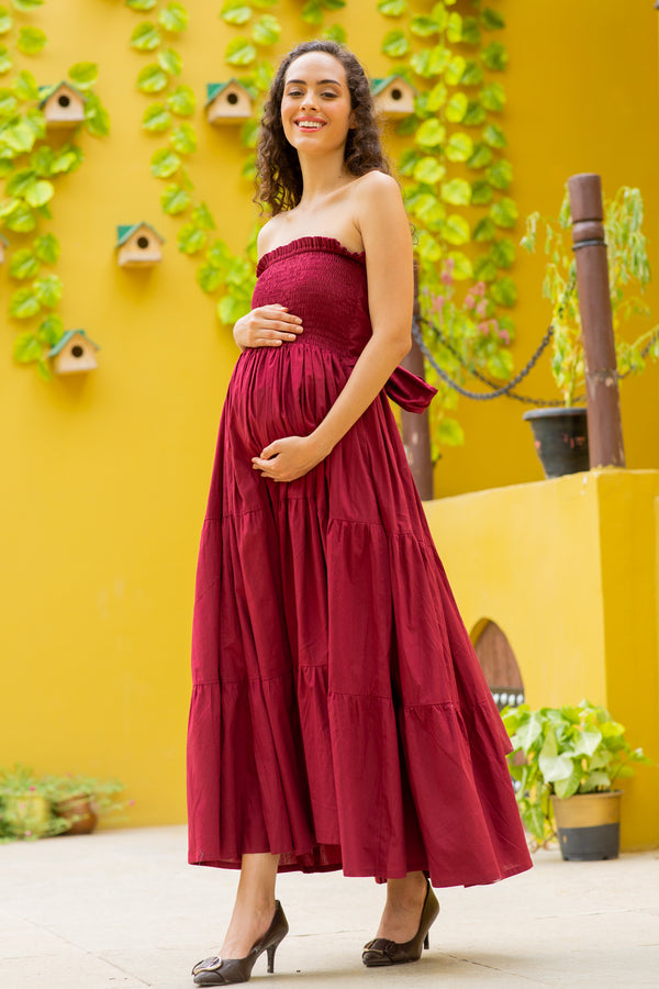 Elegant Rosewood Off Shoulder Maternity Frill Dress (100% Cotton) momzjoy.com