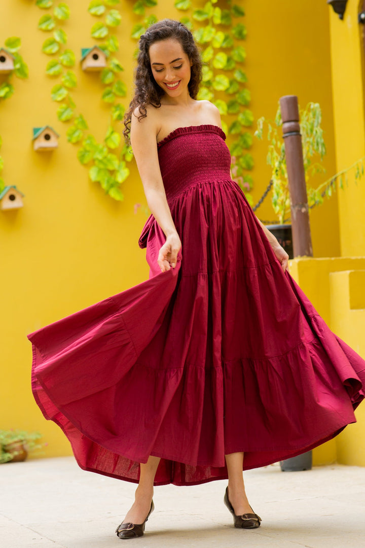 Elegant Rosewood Off Shoulder Maternity Frill Dress (100% Cotton) momzjoy.com