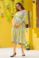 Flattering Yellow Stripe Ruffle Maternity & Nursing Dress momzjoy.com