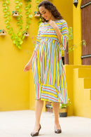 Flattering Yellow Stripe Ruffle Maternity & Nursing Dress momzjoy.com