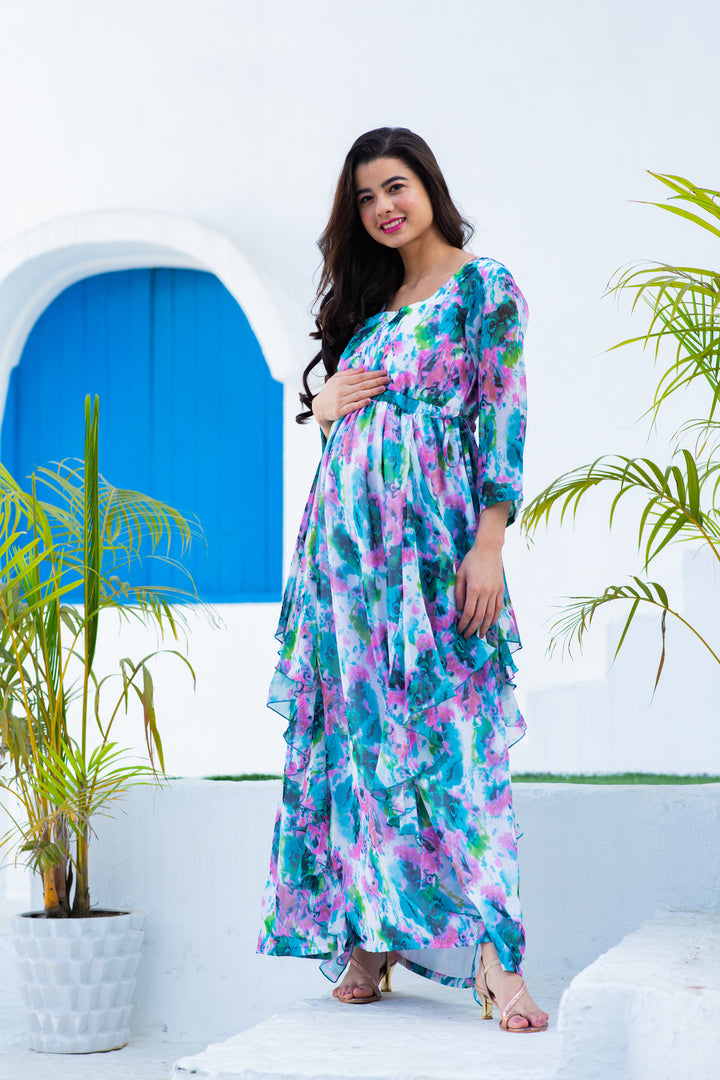 Luxe Vibrant Cascading Floral Maternity & Nursing Flow Dress momzjoy.com