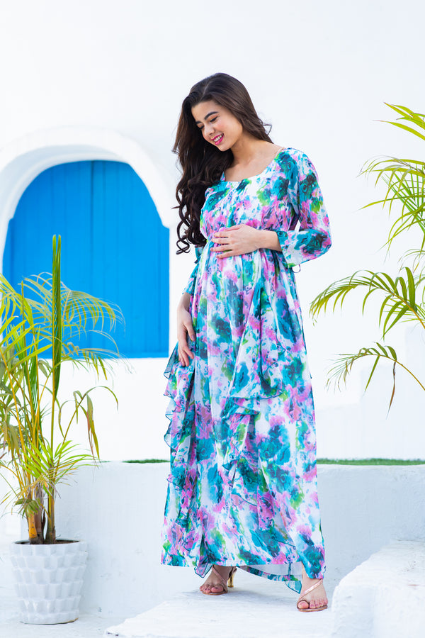 Luxe Vibrant Cascading Floral Maternity & Nursing Flow Dress momzjoy.com