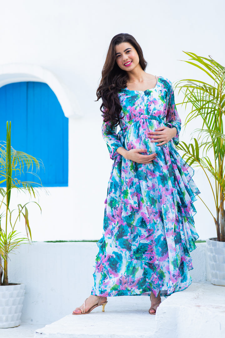 Luxe Vibrant Cascading Floral Maternity & Nursing Flow Dress momzjoy.com