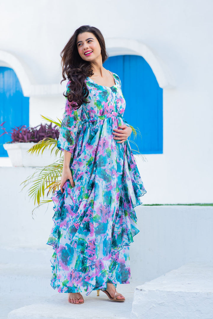 Luxe Vibrant Cascading Floral Maternity & Nursing Flow Dress momzjoy.com