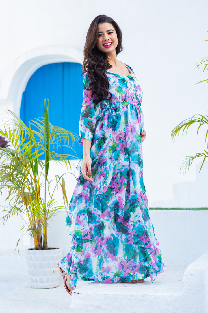 Luxe Vibrant Cascading Floral Maternity & Nursing Flow Dress momzjoy.com