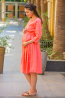 Chirpy Peach Polka Maternity & Nursing Cotton Dress momzjoy.com