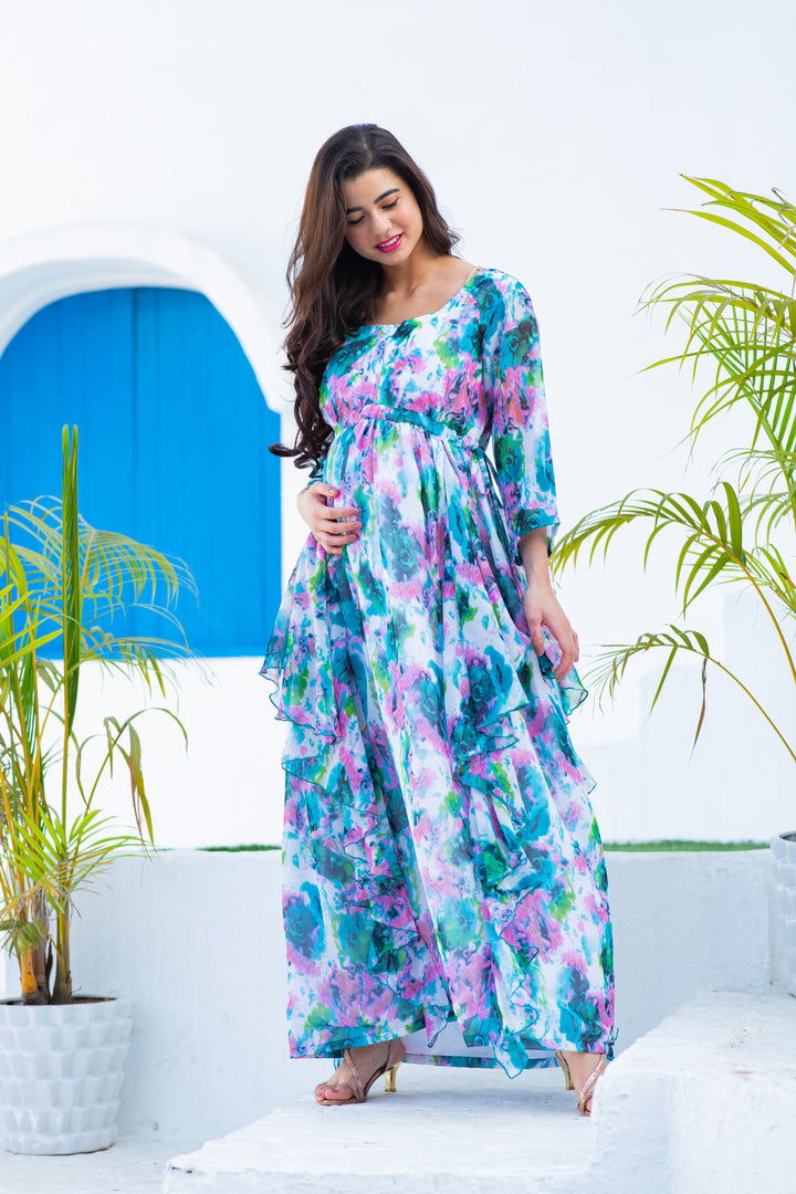 Luxe Vibrant Cascading Floral Maternity & Nursing Flow Dress momzjoy.com