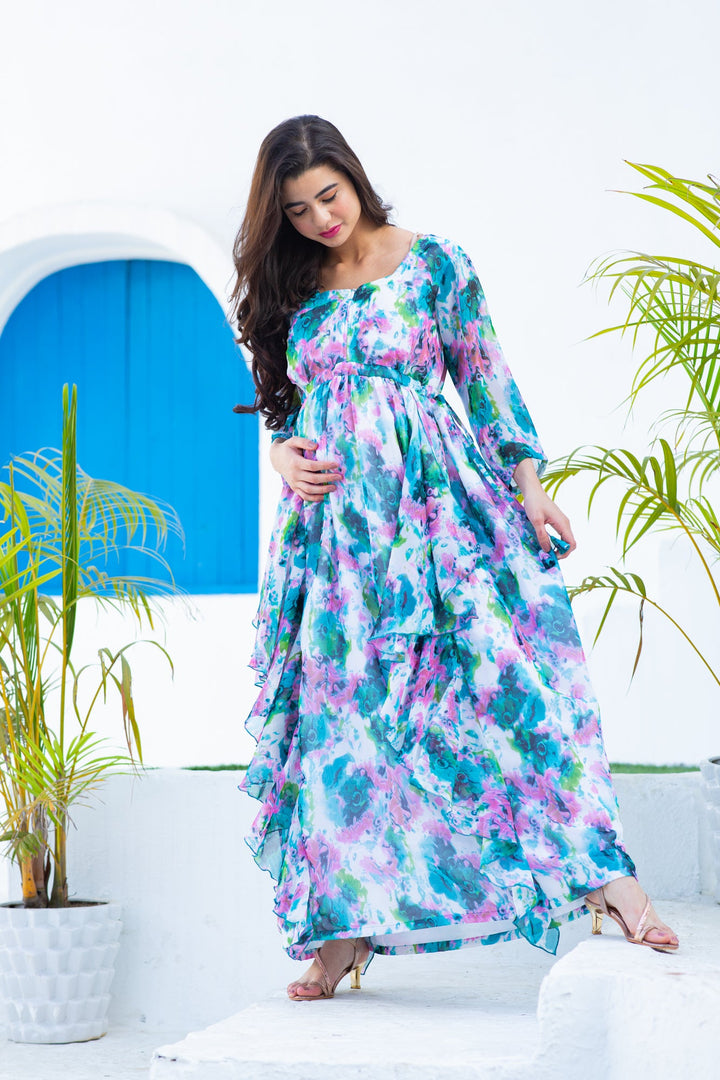 Luxe Vibrant Cascading Floral Maternity & Nursing Flow Dress momzjoy.com