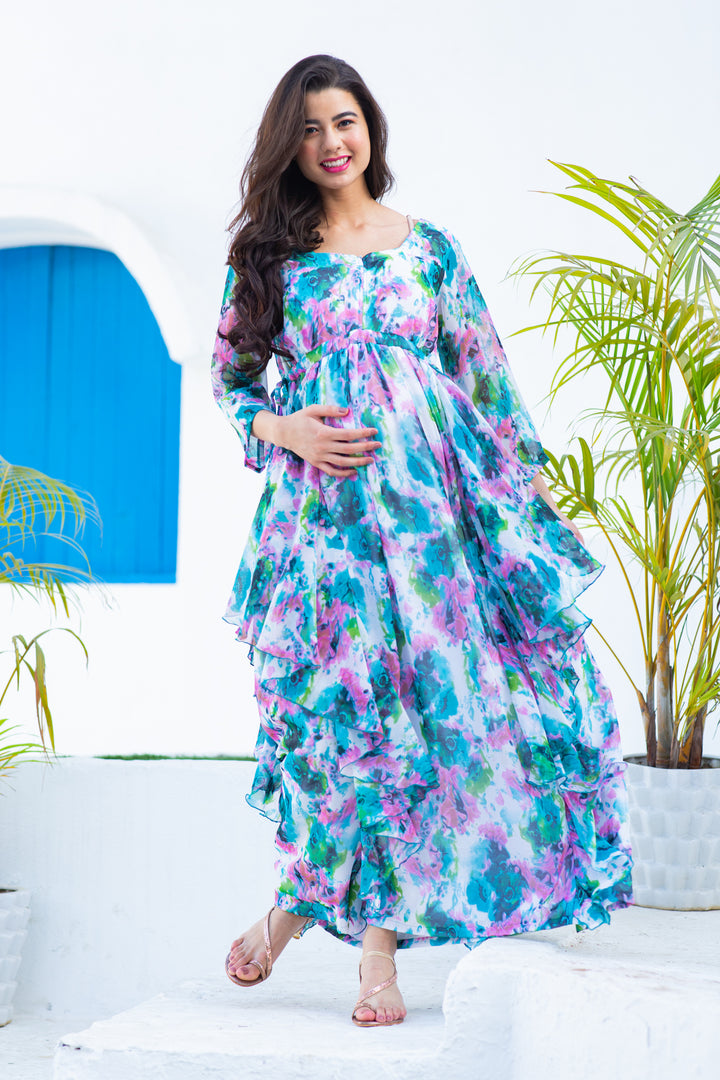 Luxe Vibrant Cascading Floral Maternity & Nursing Flow Dress momzjoy.com