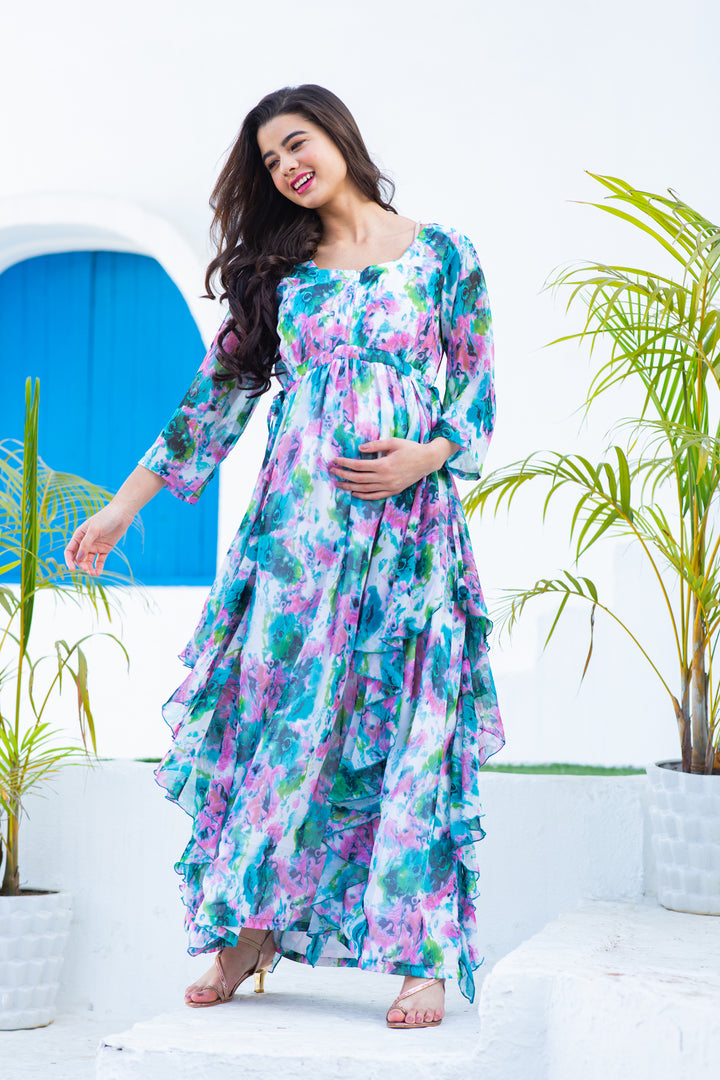 Luxe Vibrant Cascading Floral Maternity & Nursing Flow Dress momzjoy.com