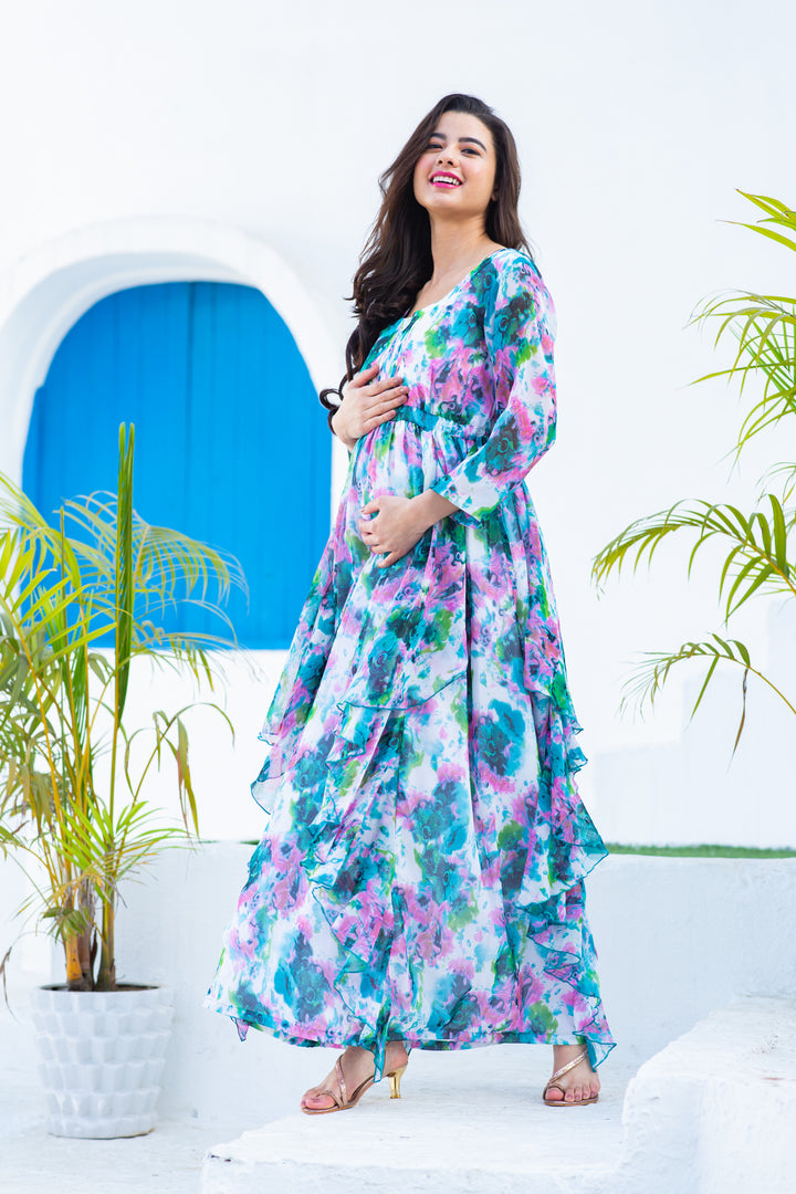 Luxe Vibrant Cascading Floral Maternity & Nursing Flow Dress momzjoy.com