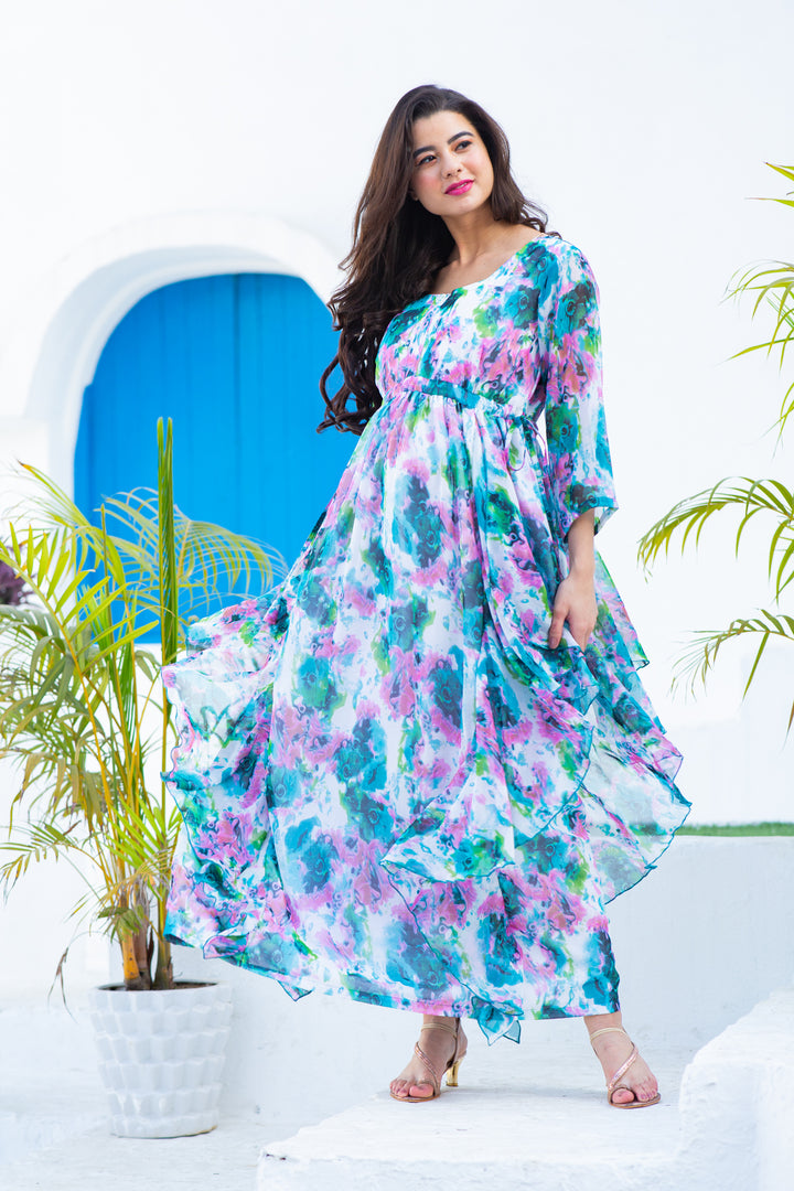 Luxe Vibrant Cascading Floral Maternity & Nursing Flow Dress momzjoy.com