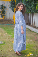 Ice Blue Floral Striped Maternity & Nursing Dress MOMZJOY.COM