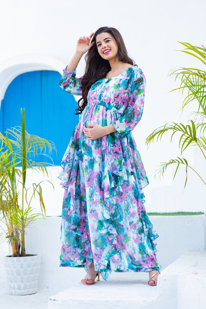 Luxe Vibrant Cascading Floral Maternity & Nursing Flow Dress momzjoy.com