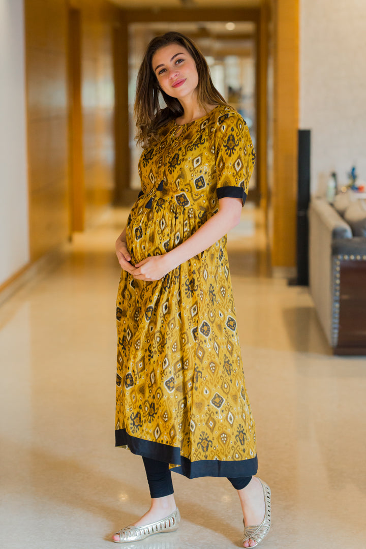 Cinnamon Yellow Concealed Zips Nursing Kurta momzjoy.com