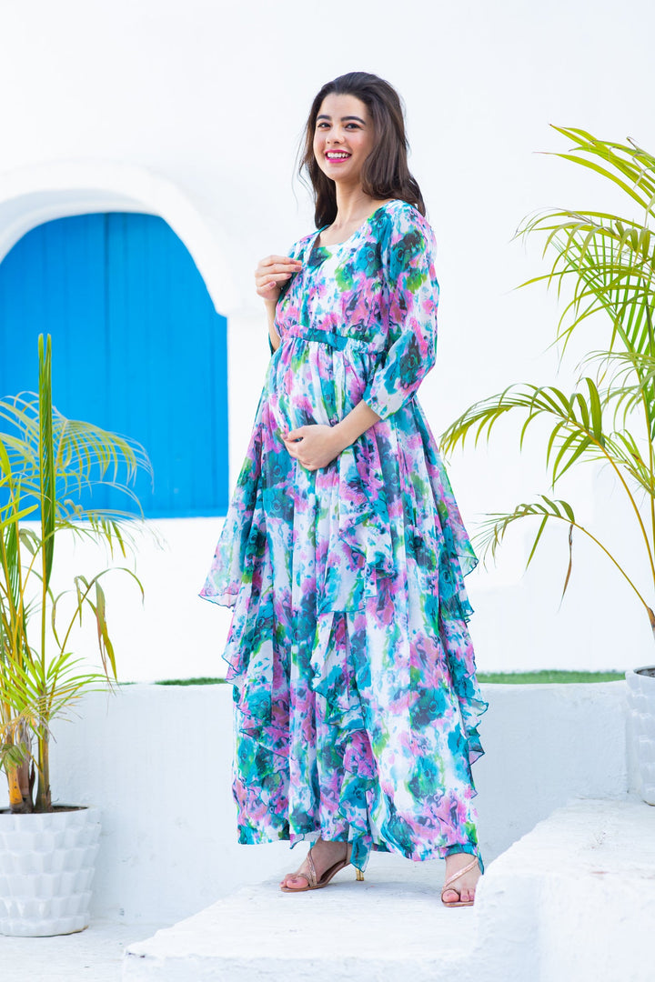 Luxe Vibrant Cascading Floral Maternity & Nursing Flow Dress momzjoy.com