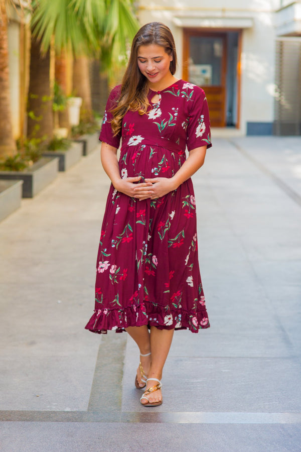 Berry Floral Frill Crepe Concealed Zips Maternity & Nursing Dress MOMZJOY.COM