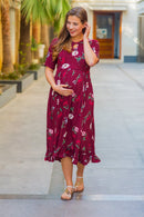 Berry Floral Frill Crepe Concealed Zips Maternity & Nursing Dress MOMZJOY.COM