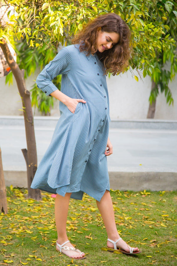 Cobalt Striped Versatile Maternity & Nursing Shirt Dress momzjoy.com