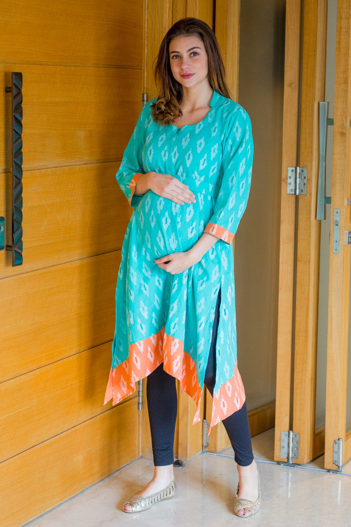 Peachy Mint Front Zip Ikat Nursing Kurta MOMZJOY.COM