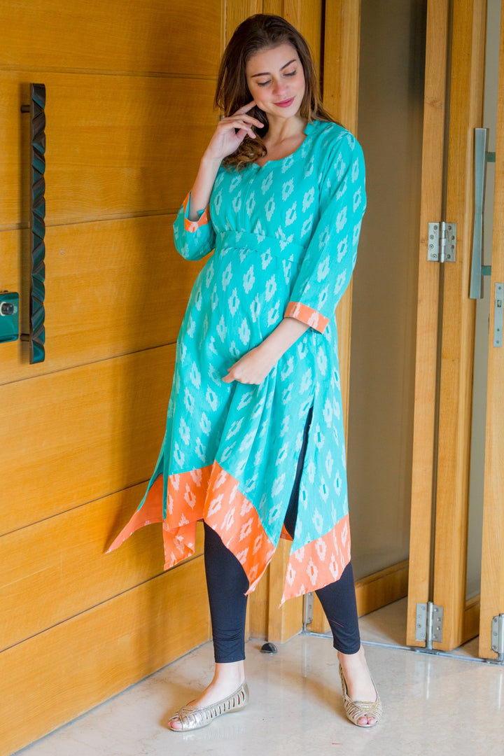 Peachy Mint Front Zip Ikat Nursing Kurta MOMZJOY.COM