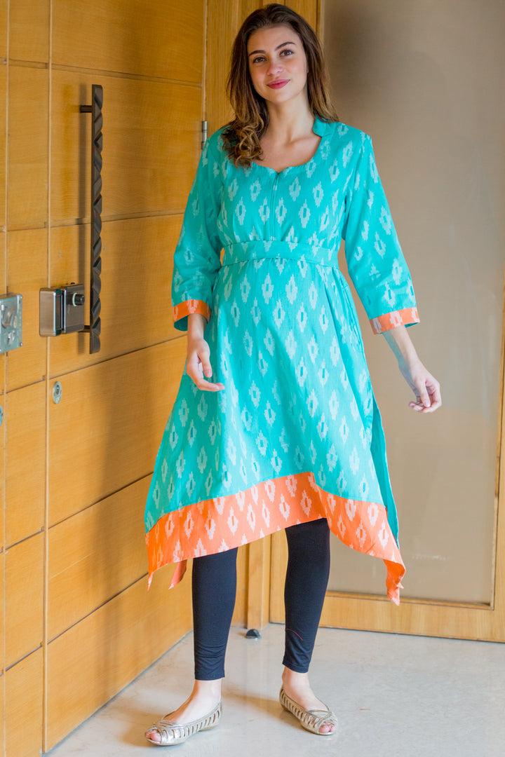 Peachy Mint Front Zip Ikat Nursing Kurta MOMZJOY.COM