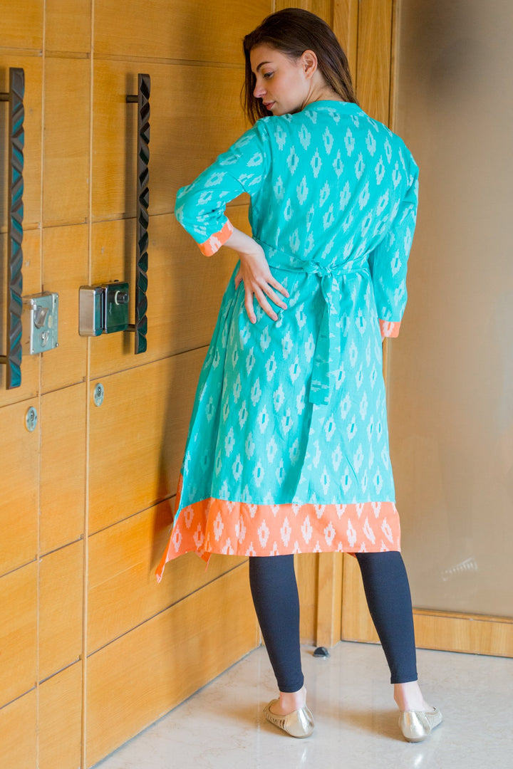 Peachy Mint Front Zip Ikat Nursing Kurta MOMZJOY.COM