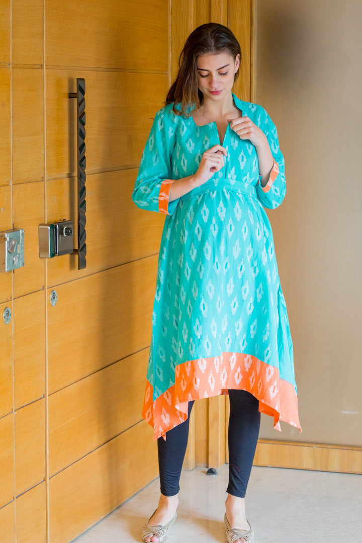 Peachy Mint Front Zip Ikat Nursing Kurta MOMZJOY.COM