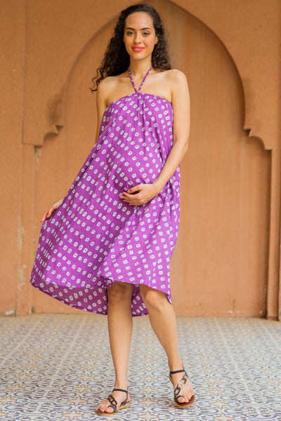 Serene Purple Halter Maternity Knee Dress (100% Cotton) momzjoy.com