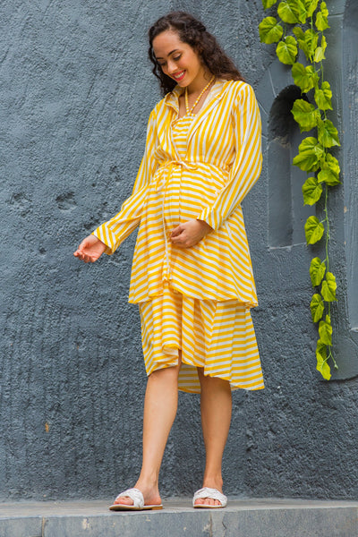Yellow Striped Flow Maternity Cotton Hoodie Dress (Set of 2) momzjoy.com