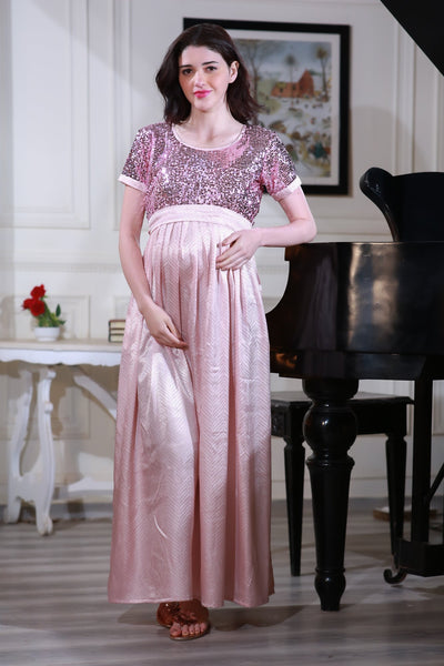 Luxe Rose Gold Sequin Maternity Dress momzjoy.com