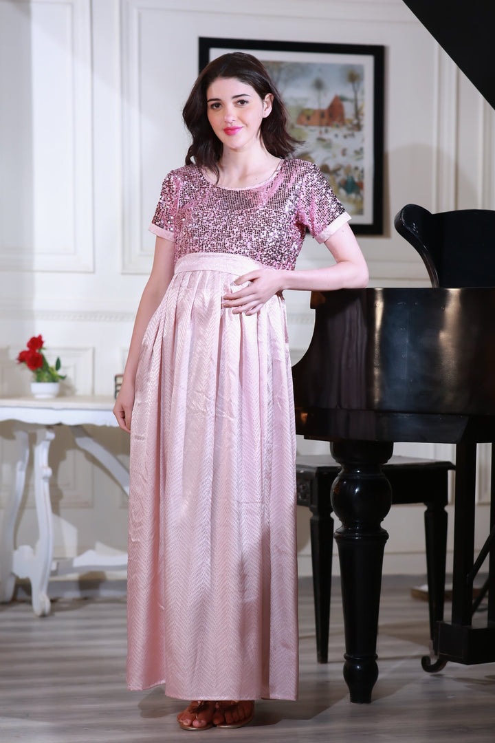 Luxe Rose Gold Sequin Maternity Dress momzjoy.com