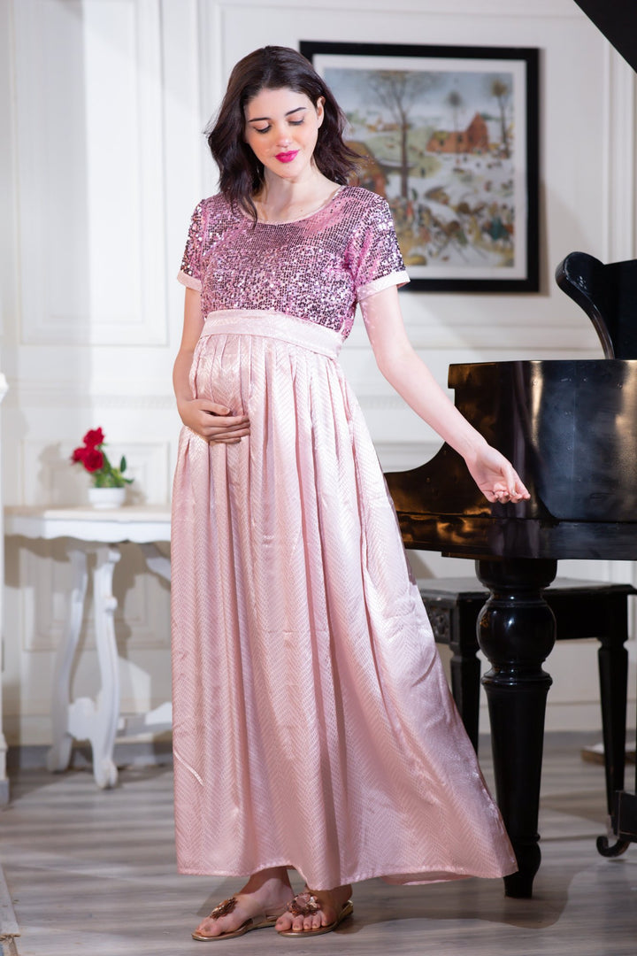 Luxe Rose Gold Sequin Maternity Dress momzjoy.com