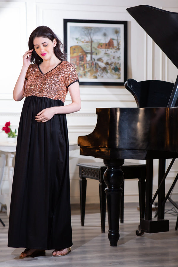 Luxe Gold Sequin Maternity Dress momzjoy.com