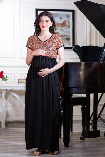 Luxe Gold Sequin Maternity Dress momzjoy.com