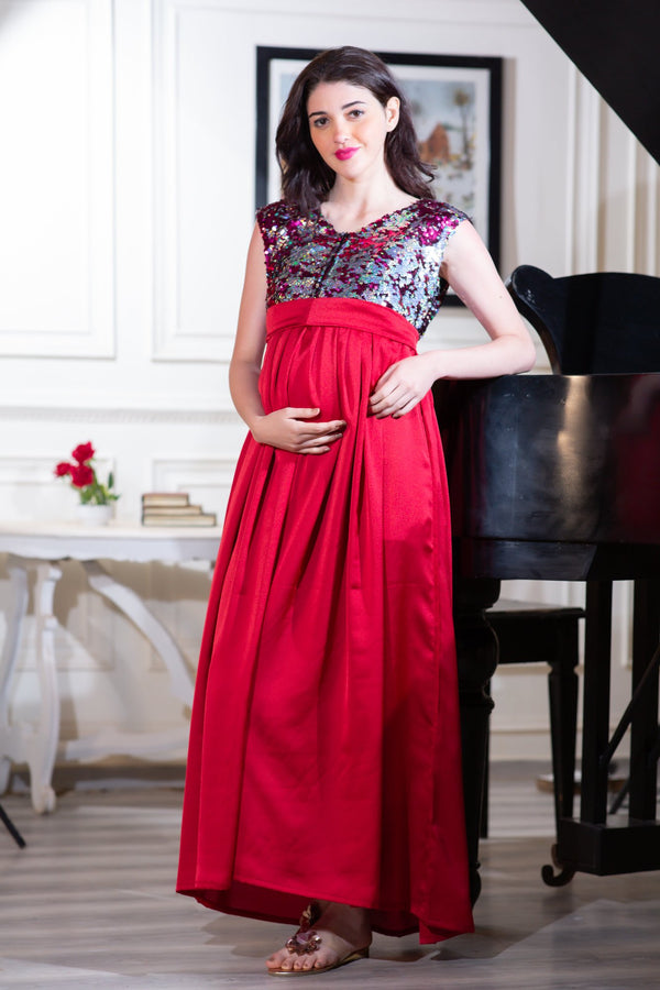 Luxe Red Gold Sequin Maternity & Nursing Dress momzjoy.com