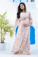Tropical Cream Maternity & Nursing Frill Dress momzjoy.com