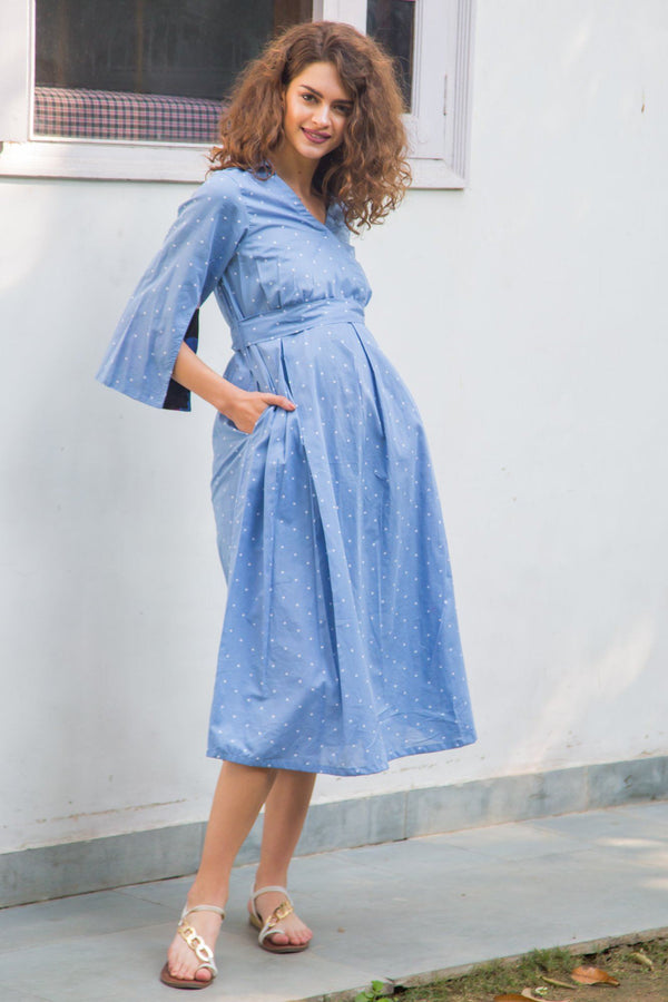 Carolina Cotton Blue Polka Unique Sleeves Maternity & Nursing Dress MOMZJOY.COM