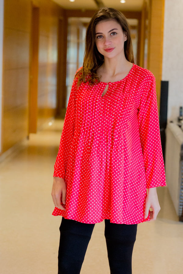 Red Polka Pintucks Maternity & Nursing Top MOMZJOY.COM