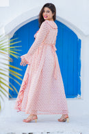 Miami Peach Dotted Maternity Frill Dress MOMZJOY.COM