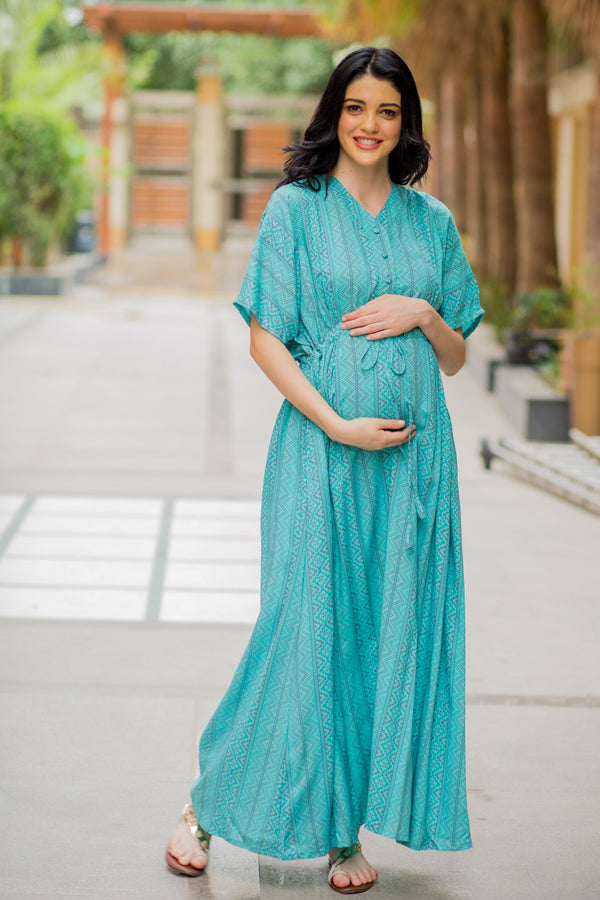 Kimono Sky Blue Stripe Maternity & Nursing Dress / Delivery Gown/ Night Dress MOMZJOY.COM