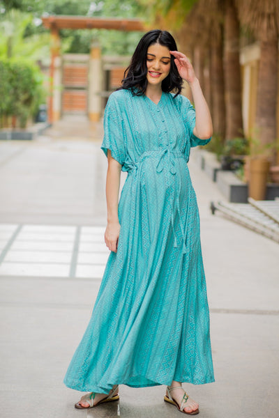 Kimono Sky Blue Stripe Maternity & Nursing Dress / Delivery Gown/ Night Dress MOMZJOY.COM