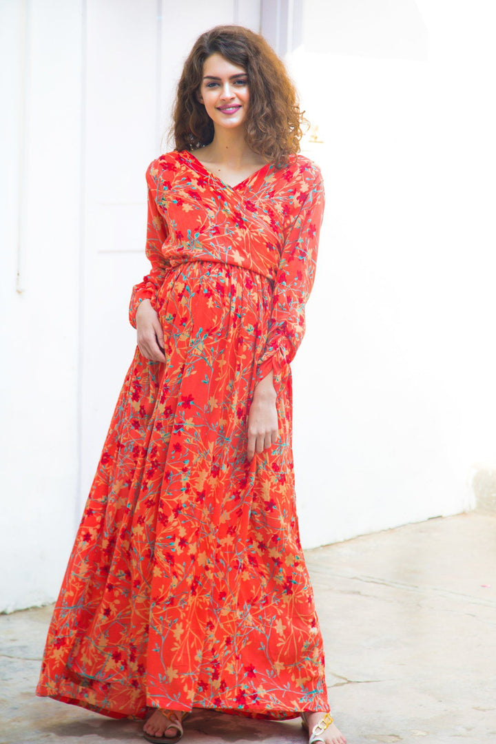 Apricot Floral Nursing Wrap Dress - MOMZJOY.COM