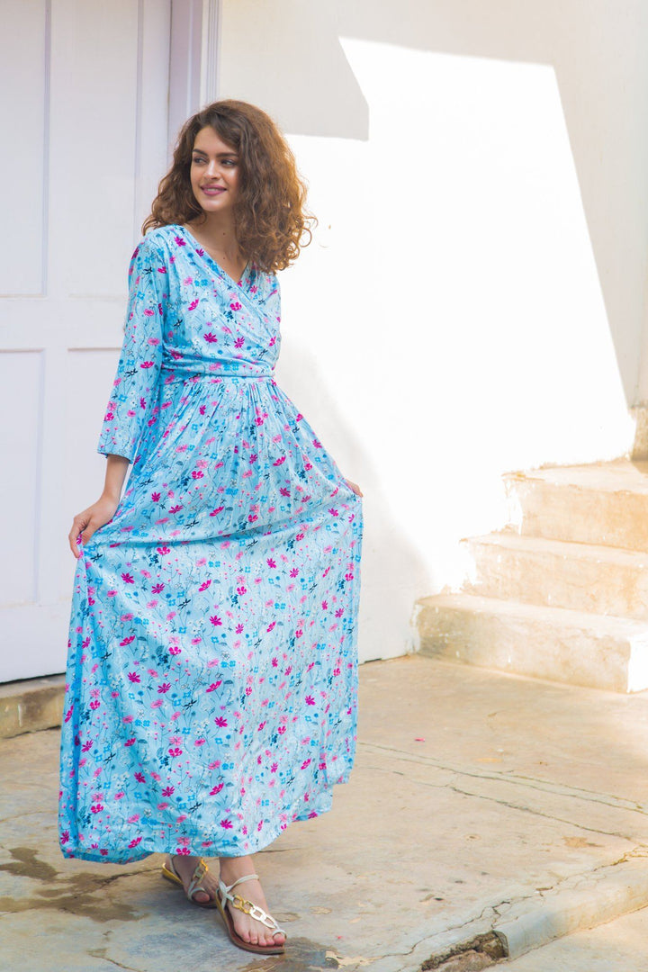 Sky Blue Floral  Maternity & Nursing Wrap Dress - MOMZJOY.COM