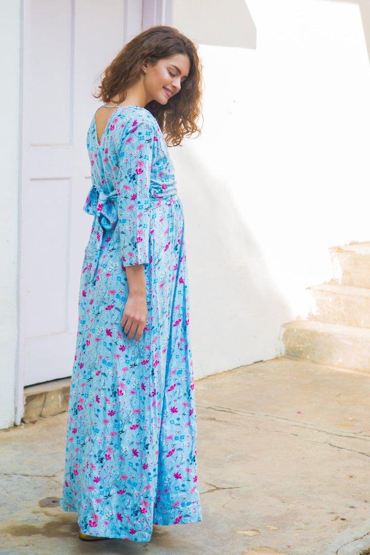 Sky Blue Floral  Maternity & Nursing Wrap Dress - MOMZJOY.COM