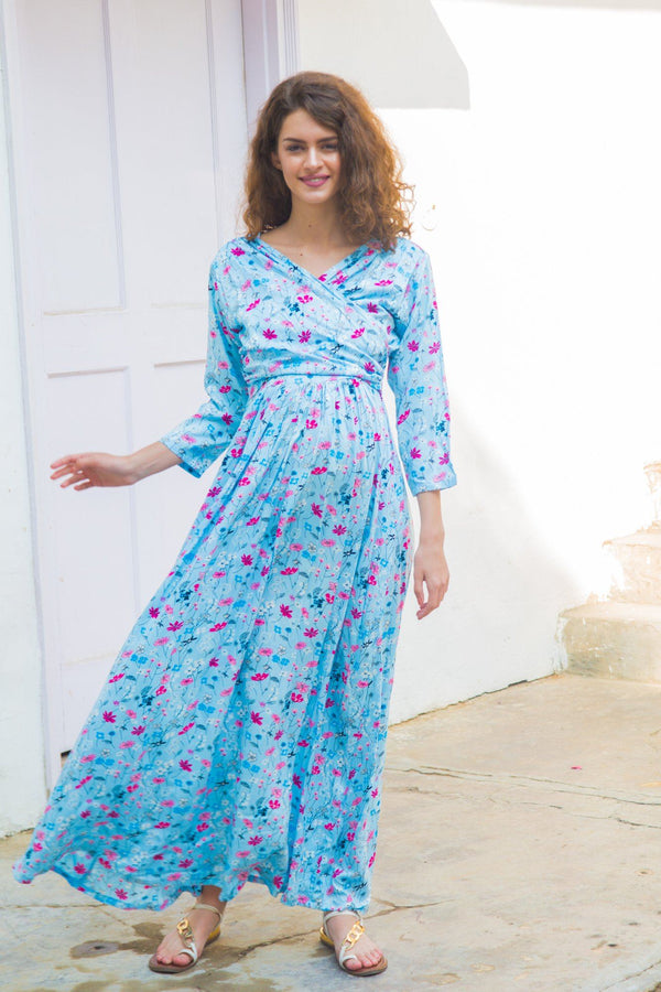 Sky Blue Floral  Maternity & Nursing Wrap Dress - MOMZJOY.COM